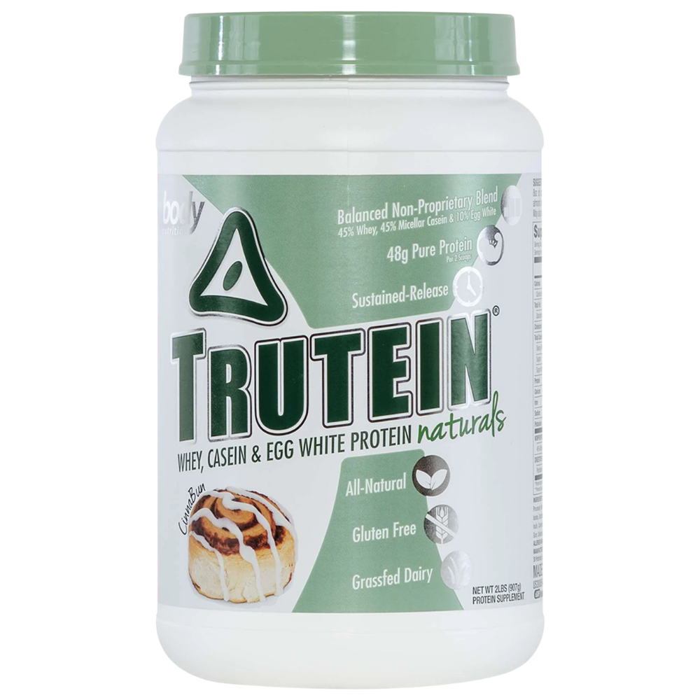 Trutein protein powder container with green lid on a white background