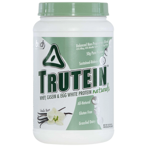 Trutein protein powder container with green lid on a white background