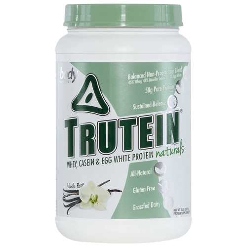 Trutein protein powder container with green lid on a white background