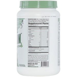 Supplement container with nutritional information on a white background