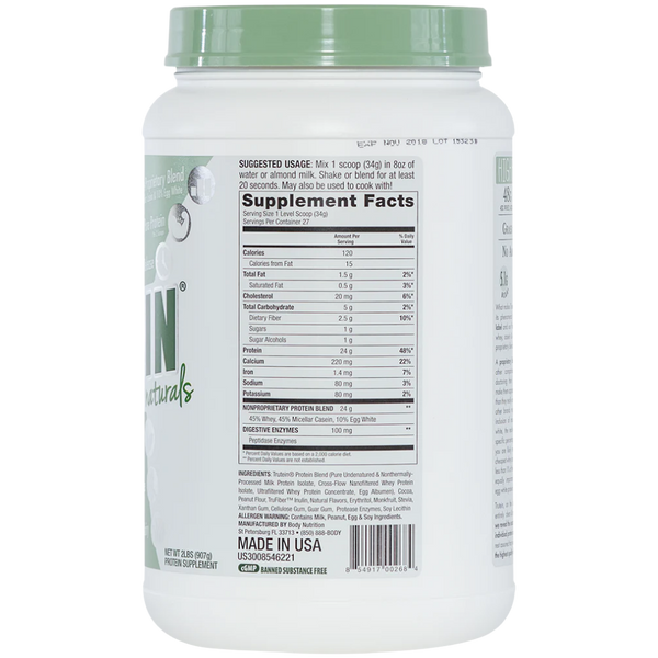 Supplement container with nutritional information on a white background
