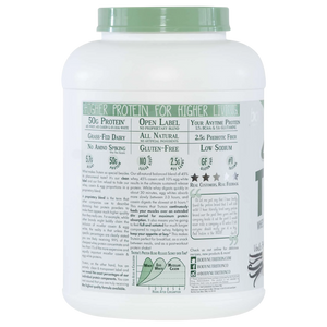 Protein powder container with label on a white background