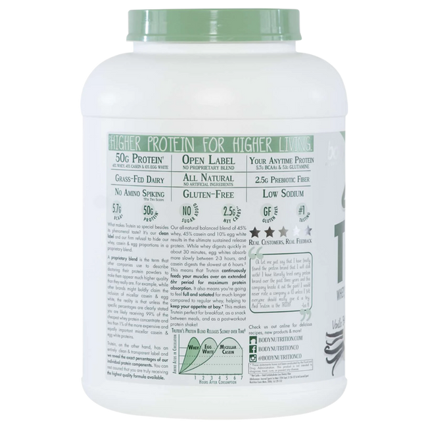 Protein powder container with label on a white background