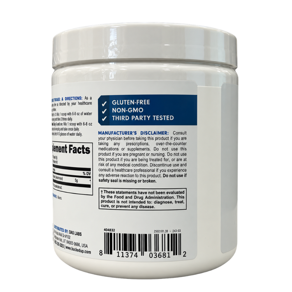 Bucked Up Creatine Monohydrate 250 Grams manufacturer disclaimer listed on the side of the tub.
