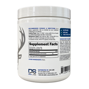 Bucked Up Creatine Monohydrate 250 Grams supplement facts on the side of the tub