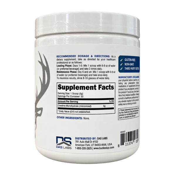 Bucked Up Creatine Monohydrate 250 Grams supplement facts on the side of the tub