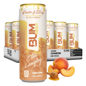 A 12-pack of BUM Energy Peach & Honey energy drinks, with a single can in the foreground and a black 12-pack tray behind it. The can features peach illustrations and the text 'Peachs & Honey' and 'Ella Langley'.