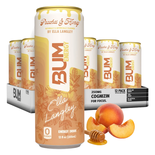 A 12-pack of BUM Energy Peach & Honey energy drinks, with a single can in the foreground and a black 12-pack tray behind it. The can features peach illustrations and the text 'Peachs & Honey' and 'Ella Langley'.