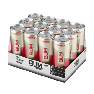 12-pack of Bum Energy drinks in a cardboard box on a white background