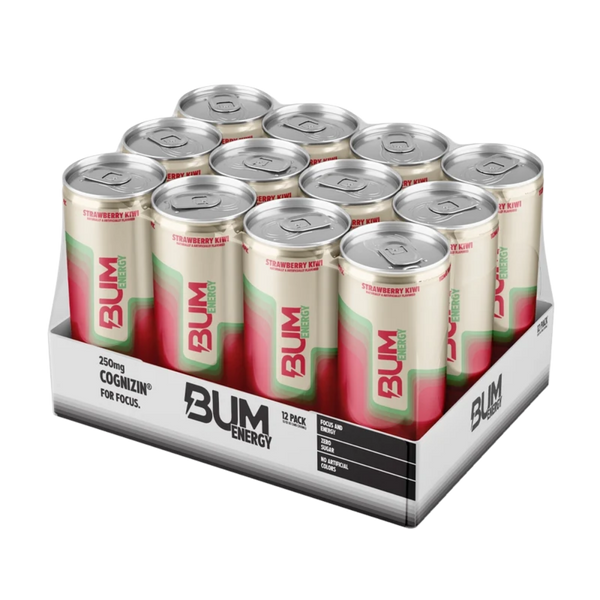 12-pack of Bum Energy drinks in a cardboard box on a white background