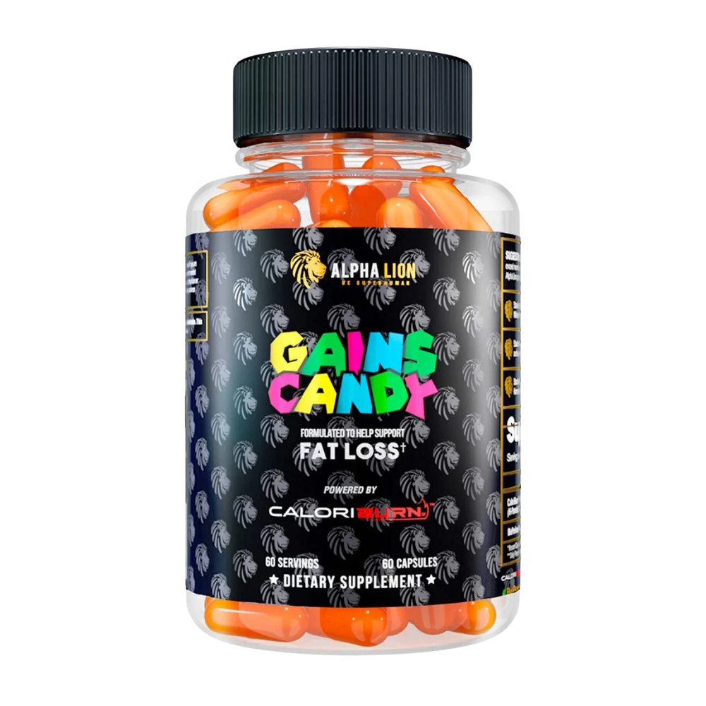 A clear plastic bottle of Alpha Lion Gains Candy dietary supplement capsules, filled with bright orange capsules and featuring a black label with colorful text.