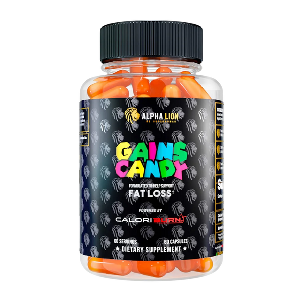 A clear plastic bottle of Alpha Lion Gains Candy dietary supplement capsules, filled with bright orange capsules and featuring a black label with colorful text.
