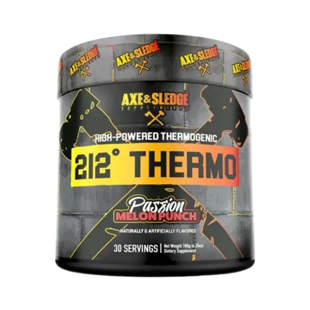 A black plastic tub of Axe & Sledge 212° Thermo supplement powder in Passion Melon Punch flavor, featuring a black label with yellow and orange graphics.