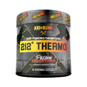 A black plastic tub of Axe & Sledge 212° Thermo supplement powder in Passion Melon Punch flavor, featuring a black label with yellow and orange graphics.