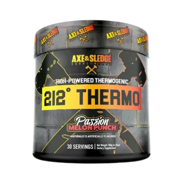 A black plastic tub of Axe & Sledge 212° Thermo supplement powder in Passion Melon Punch flavor, featuring a black label with yellow and orange graphics.