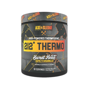 A container of Axe & Sledge 212° Thermo Sweet Heat Spicy Mango dietary supplement powder, featuring a dark gray and black label with orange and yellow accents.