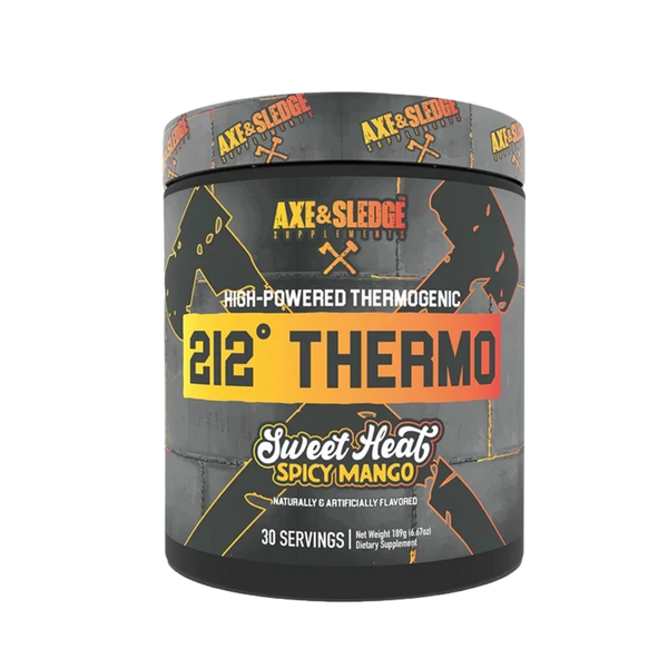 A container of Axe & Sledge 212° Thermo Sweet Heat Spicy Mango dietary supplement powder, featuring a dark gray and black label with orange and yellow accents.