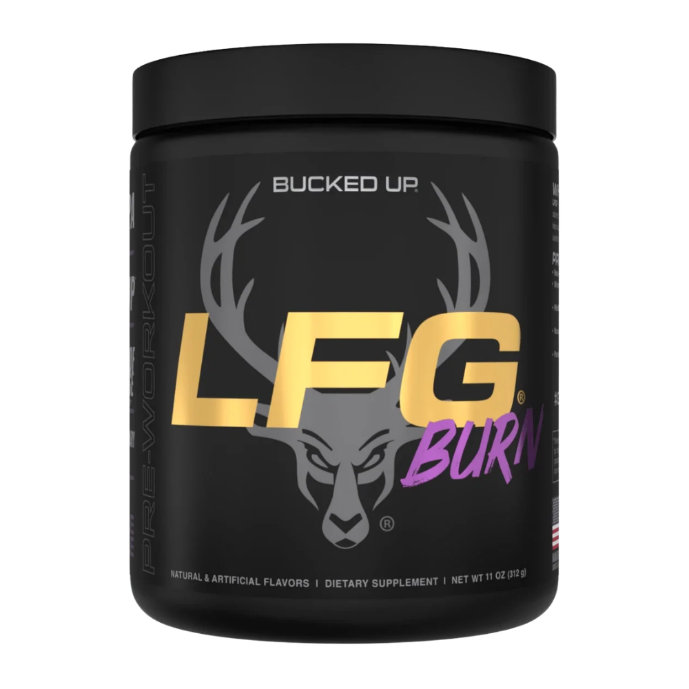 A black plastic tub of Bucked Up LFG Burn pre-workout supplement with a black lid, featuring a gray deer head logo and gold and purple lettering on the label.