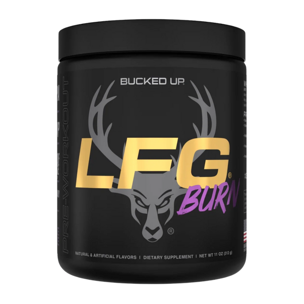 A black plastic tub of Bucked Up LFG Burn pre-workout supplement with a black lid, featuring a gray deer head logo and gold and purple lettering on the label.