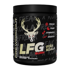 A black plastic tub of LFG Burn Pre-Workout in Piña Koala flavor, featuring a black label with a white deer head logo, red and yellow text, and a list of benefits on a clean white background.