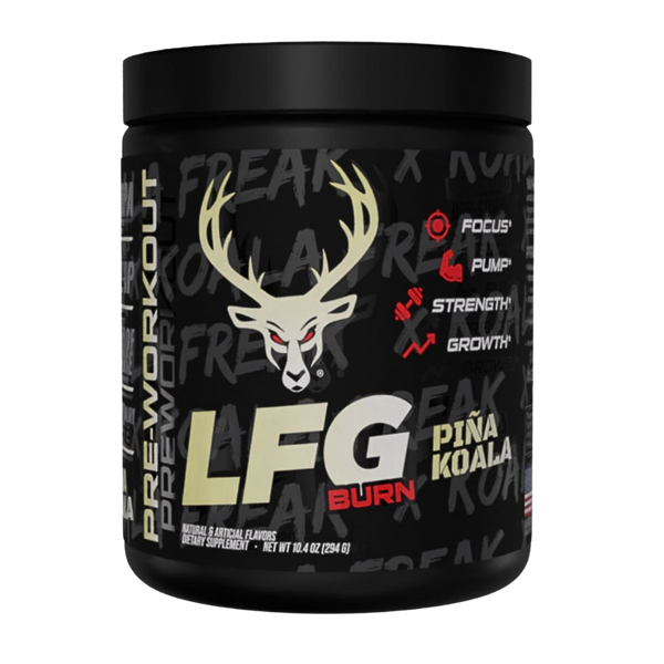 A black plastic tub of LFG Burn Pre-Workout in Piña Koala flavor, featuring a black label with a white deer head logo, red and yellow text, and a list of benefits on a clean white background.