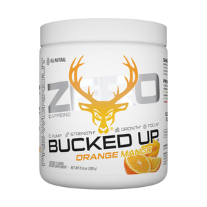 A white plastic tub of Zero Zero Caffeine 'Bucked Up' Orange Mango flavored dietary supplement powder, featuring a prominent yellow deer head logo and orange slices on the label.