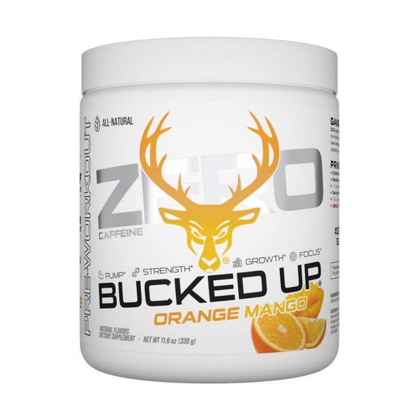 A white plastic tub of Zero Zero Caffeine 'Bucked Up' Orange Mango flavored dietary supplement powder, featuring a prominent yellow deer head logo and orange slices on the label.