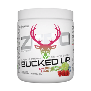 A white plastic tub of Bucked Up Zero Caffeine dietary supplement, Raspberry Lime Ricken flavor, featuring a colorful deer head logo and fruit illustrations on a white background.