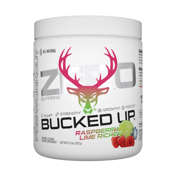 A white plastic tub of Bucked Up Zero Caffeine dietary supplement, Raspberry Lime Ricken flavor, featuring a colorful deer head logo and fruit illustrations on a white background.