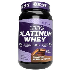 A tub of EAS 100% Platinum Whey in Chocolate Peanut Butter Cup flavor, featuring a purple and white label with a chocolate peanut butter graphic, set against a plain white background.