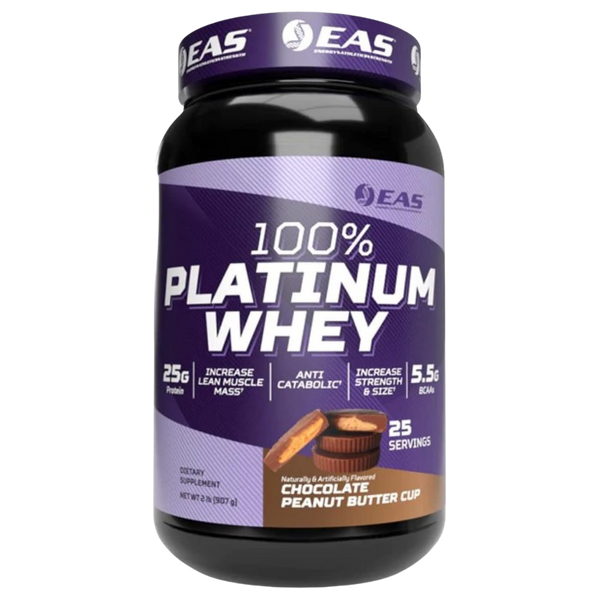 A tub of EAS 100% Platinum Whey in Chocolate Peanut Butter Cup flavor, featuring a purple and white label with a chocolate peanut butter graphic, set against a plain white background.