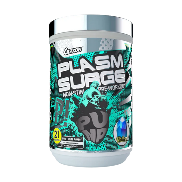 A tub of G1XON Plasm Surge Non-Stim Pre-Workout supplement in a white container with a metallic silver lid and a vibrant teal, black, and white label.