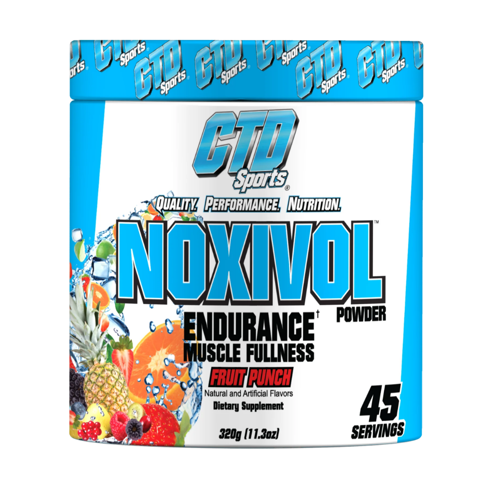 CTD Labs Noxivol Powder 45 Servings in a blue and white tub in the fruit punch flavor on a white background.