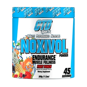 CTD Labs Noxivol Powder 45 Servings in a blue and white tub in the fruit punch flavor on a white background.