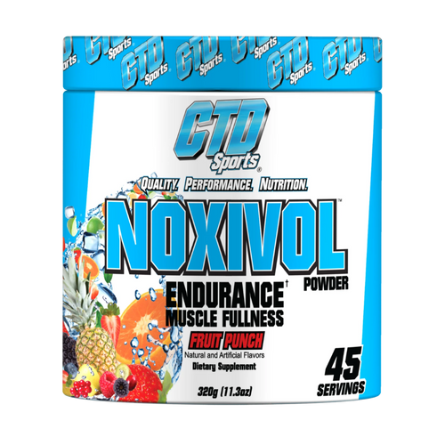 CTD Labs Noxivol Powder 45 Servings in a blue and white tub in the fruit punch flavor on a white background.