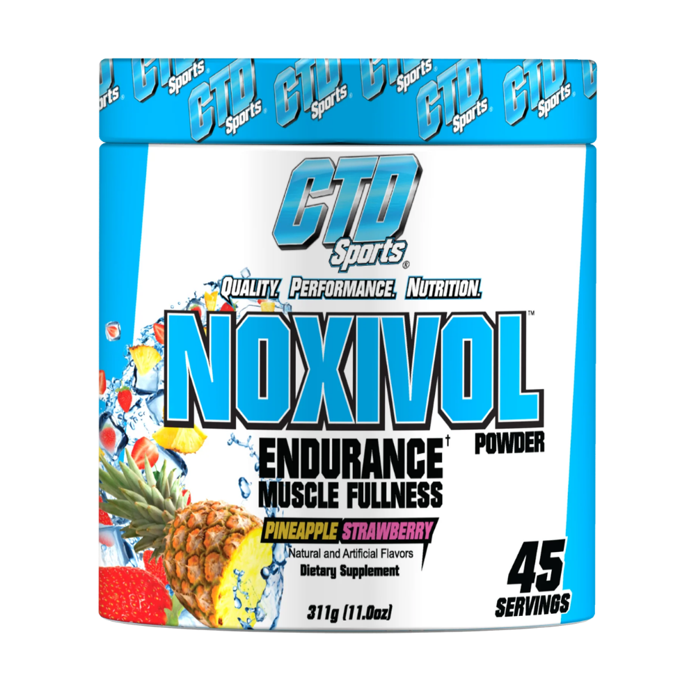 CTD Labs Noxivol Powder 45 Servings in a blue and white tub in the fruit punch flavor on a white background.