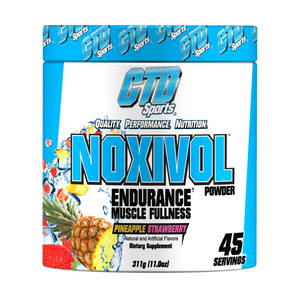 CTD Labs Noxivol Powder 45 Servings in a blue and white tub in the pineapple strawberry flavor on a white background.