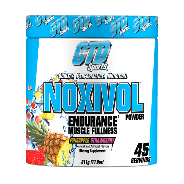 CTD Labs Noxivol Powder 45 Servings in a blue and white tub in the pineapple strawberry flavor on a white background.