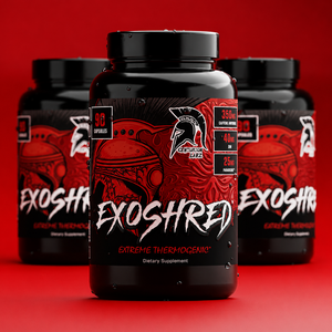 Three black supplement bottles labeled EXOSHRED Extreme Thermogenic are arranged in a row on a solid red background, with the center bottle in sharp focus and the rear bottles softly blurred.