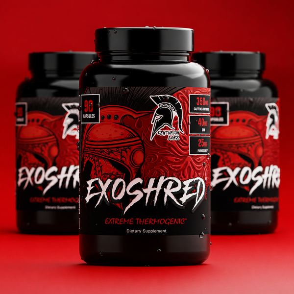 Three black supplement bottles labeled EXOSHRED Extreme Thermogenic are arranged in a row on a solid red background, with the center bottle in sharp focus and the rear bottles softly blurred.