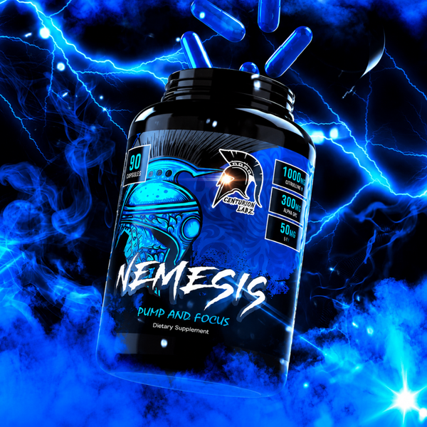 A black plastic tub of Nemesis Pump and Focus dietary supplement, featuring a blue Spartan helmet graphic and white text, set against a dramatic background of blue lightning and floating blue capsules.