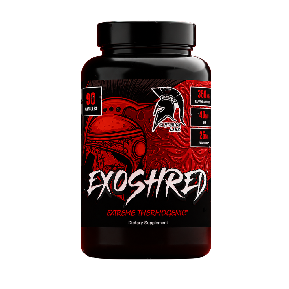 A black bottle of Exoshred dietary supplement capsules with a red and black label featuring a Spartan helmet graphic and white stylized text.