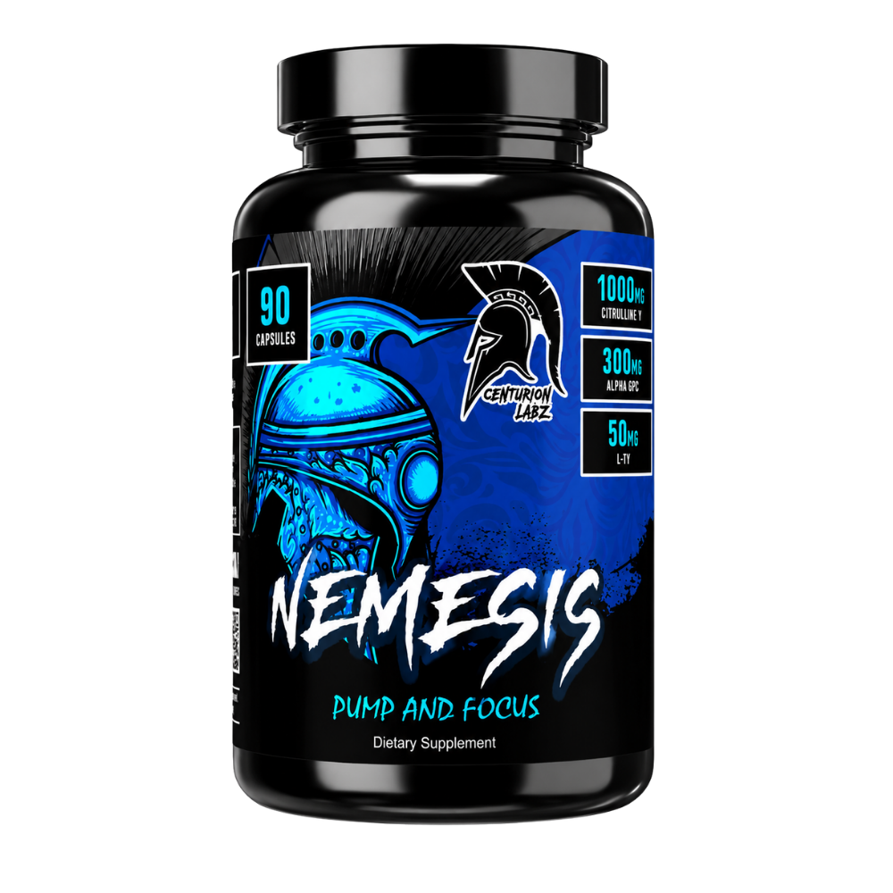 A black plastic bottle of Centurion Labz Nemesis Pump and Focus dietary supplement, containing 90 capsules, with a blue and black label.