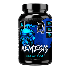A black plastic bottle of Centurion Labz Nemesis Pump and Focus dietary supplement, containing 90 capsules, with a blue and black label.