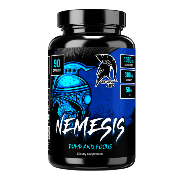 A black plastic bottle of Centurion Labz Nemesis Pump and Focus dietary supplement, containing 90 capsules, with a blue and black label.