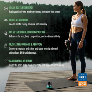 CleanForm Nutrition goBHB highlights and benefits list on a nature background with water and trees