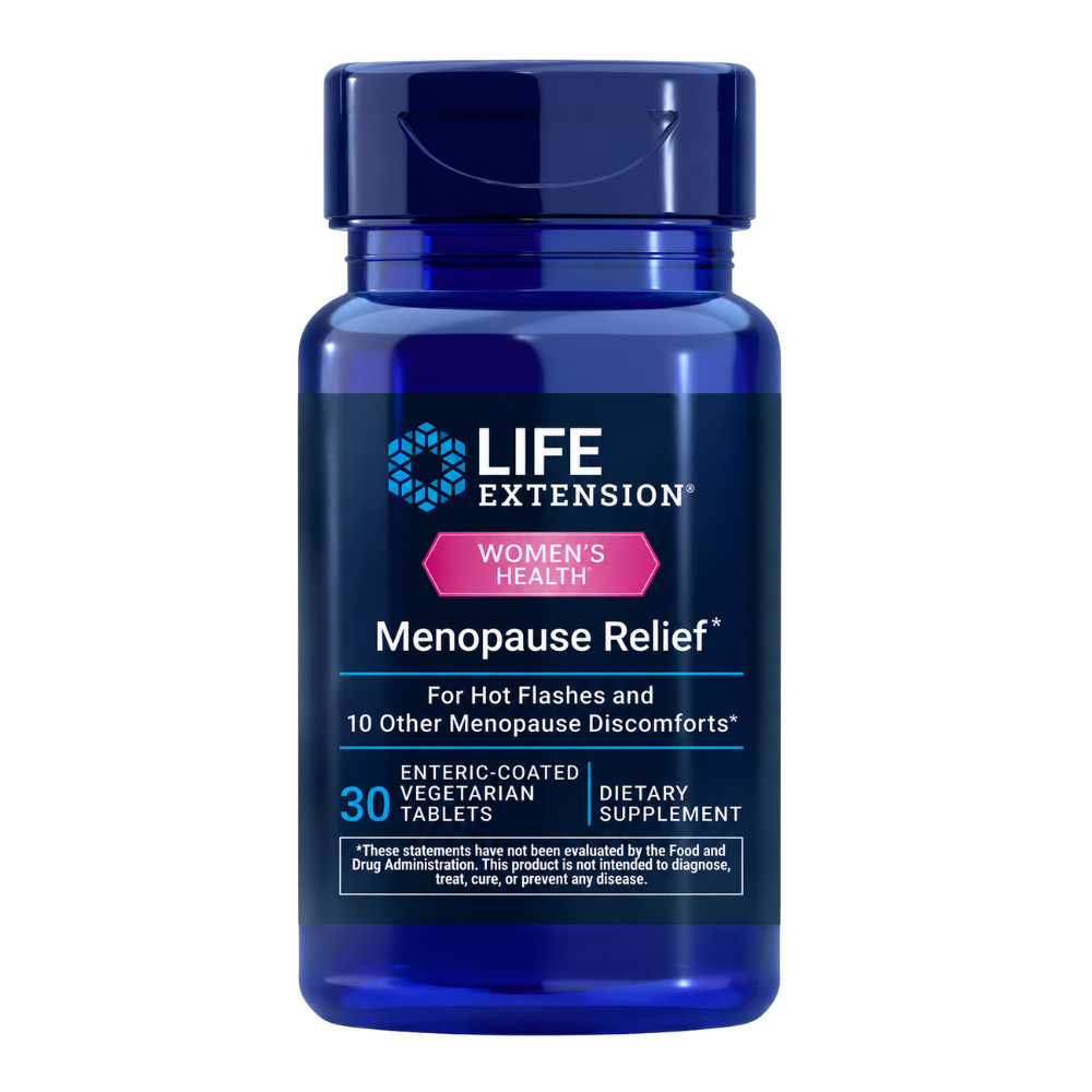 A blue plastic bottle of Life Extension Women's Health Menopause Relief dietary supplement, containing 30 enteric-coated vegetarian tablets, shown on a plain white background.