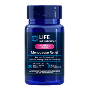 A blue plastic bottle of Life Extension Women's Health Menopause Relief dietary supplement, containing 30 enteric-coated vegetarian tablets, shown on a plain white background.