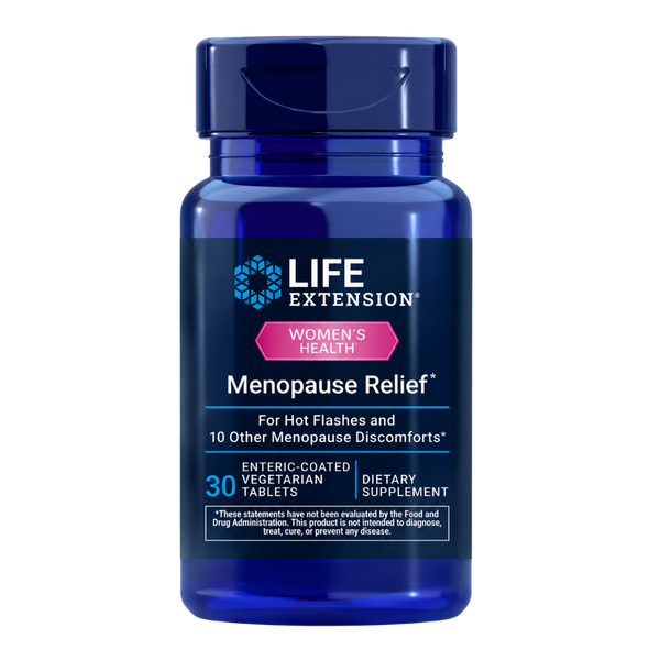 A blue plastic bottle of Life Extension Women's Health Menopause Relief dietary supplement, containing 30 enteric-coated vegetarian tablets, shown on a plain white background.