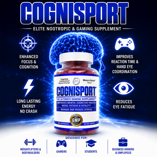 Cognisport Elite Nootropic & Gaming Supplement bottle centered on a dark blue graphic background with a glowing brain, game controller, eye icon, and fitness icons. Text highlights enhanced focus, reaction time, energy, and eye coordination.